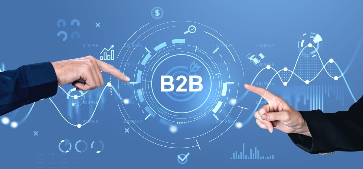 Two hands pointing at B2B icon surrounded by digital interface elements, futuristic graphic style, blue background, concept of business networking