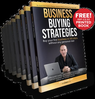 Stack of Business Buying Strategies books with man on cover and free printed book offer badge
