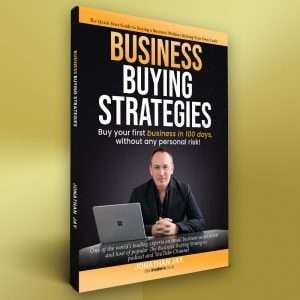 Business Buying Strategies book cover featuring a businessman with a laptop on a yellow background