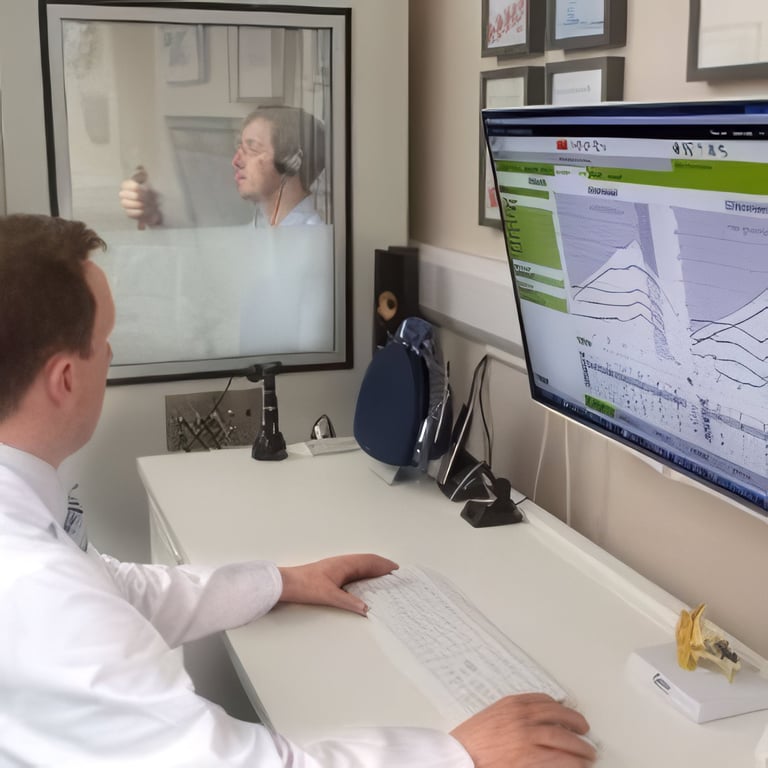 Man in white shirt at desk with computer monitor displaying data, video call with woman on left screen